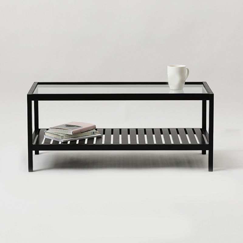 Modern 4 Legs Wood Base Rectangular Acrylic Top Coffee Table with Shelf