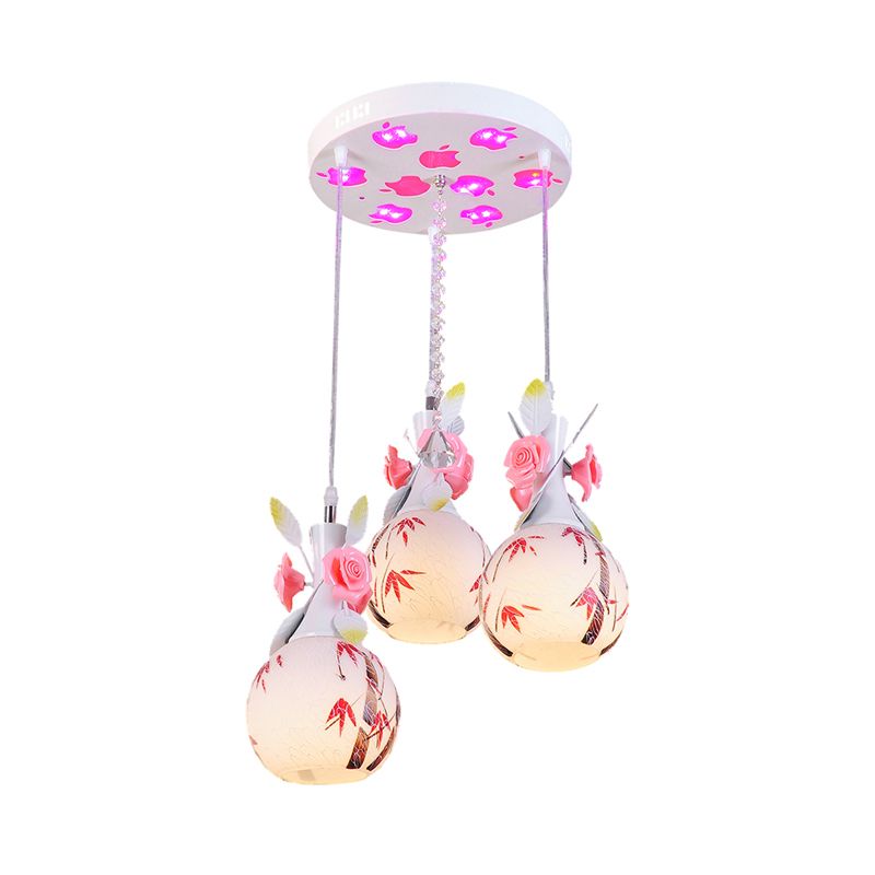 Vase Shape White Glass Multi-Pendant Light Modernist 3 Bulbs Dining Room Hanging Lamp with Pink Floral Deco