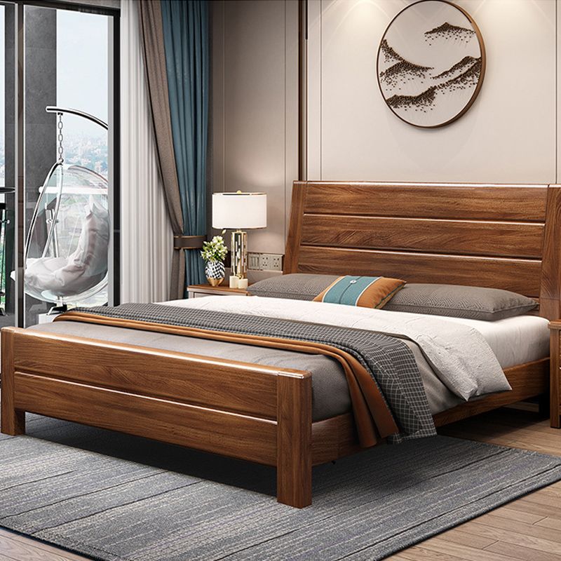 Walnut Solid Color Panel Bed Mid-Century Modern Standard Bed with Headboard