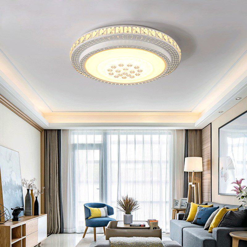 Circular Crystal Flush Mounted Lamp Simple Style White LED Ceiling Light for Living Room