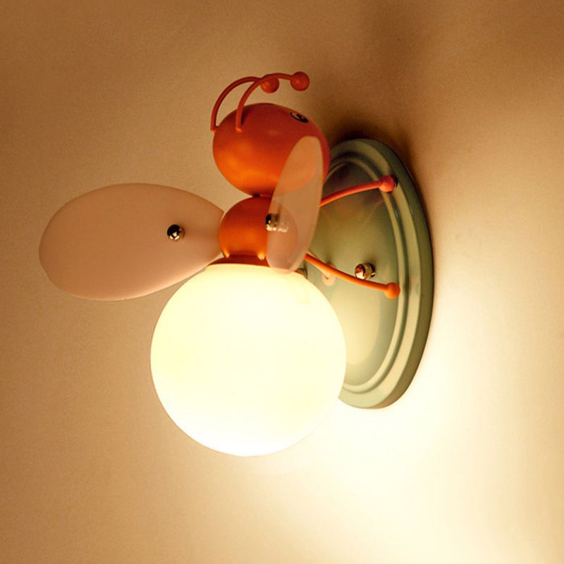 Bee Shaped Child Room Sconce Lighting Metallic Single Modern Wall Light with Globe Cream Glass Shade in Yellow