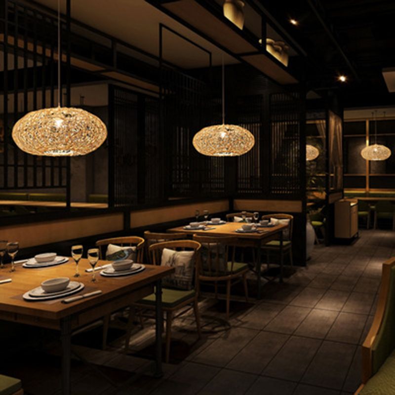 1 Light Rounded Drum Hanging Ceiling Lights Chinese Rattan Suspension Pendant Light for Restaurant