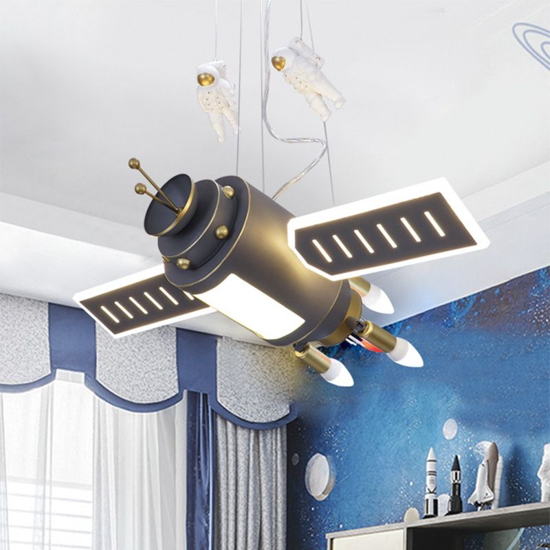 Space Satellite Astronaut Pendant Lamp Kids Resin Dark Grey LED Chandelier Light for Bedroom