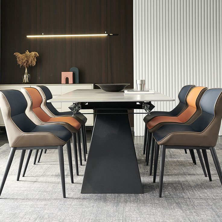 Rectangular Dining Table Modern Grey Stone Table Top with Black Metal Base
