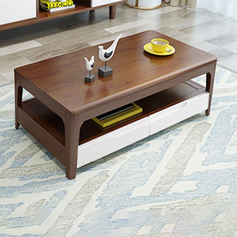 Rectangular 4 Legs Base Solid Wood Table Nordic Style Coffee Table with Storage Rack