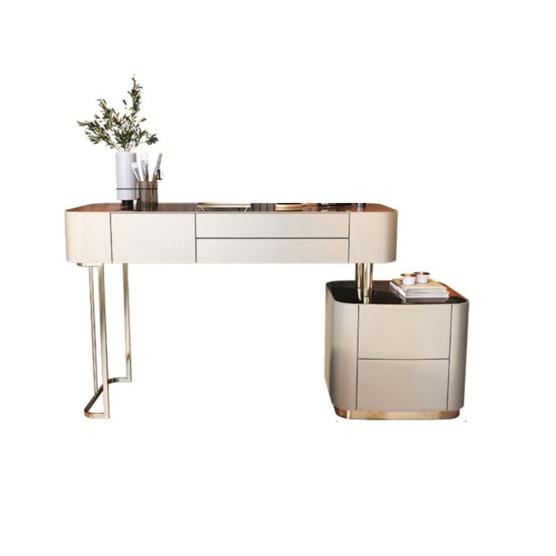 Glass Vanity Desk with 5 Storage Drawers 16.14" Wide Cream Wood Vanity Set