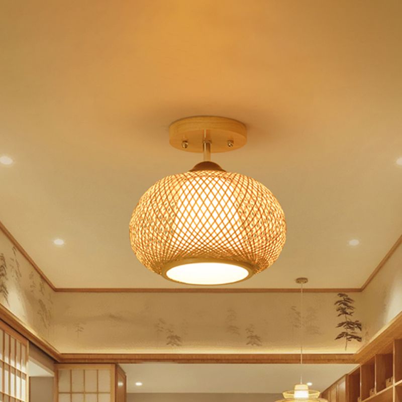 10 "/14" /16 " Lantern Wide Lantern Semi Flush Mount Traditional Bamboo Wood 1 Bulb Flush Mount Ceiling Fixture