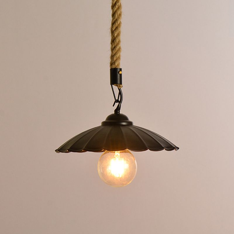 Black Scalloped Hanging Pendant Light Vintage Metal 1-Light Dining Room Suspension Lighting