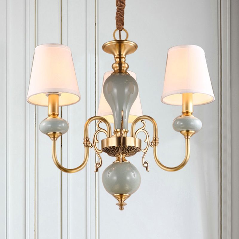 3 Heads Chandelier Traditional Tapered Shade Fabric Ceiling Light in Gold for Dining Room