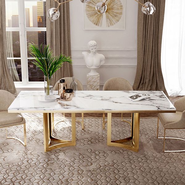 Luxury Sintered Stone Top Kitchen Table Rectangle Table with Gold Double Pedestal