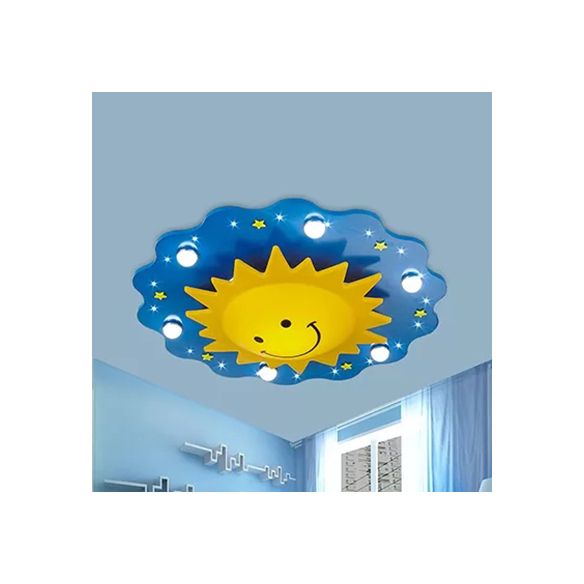 Cartoon Smiling Sun Flush Ceiling Light Wood Ceiling Mount Light in Yellow for Game Room