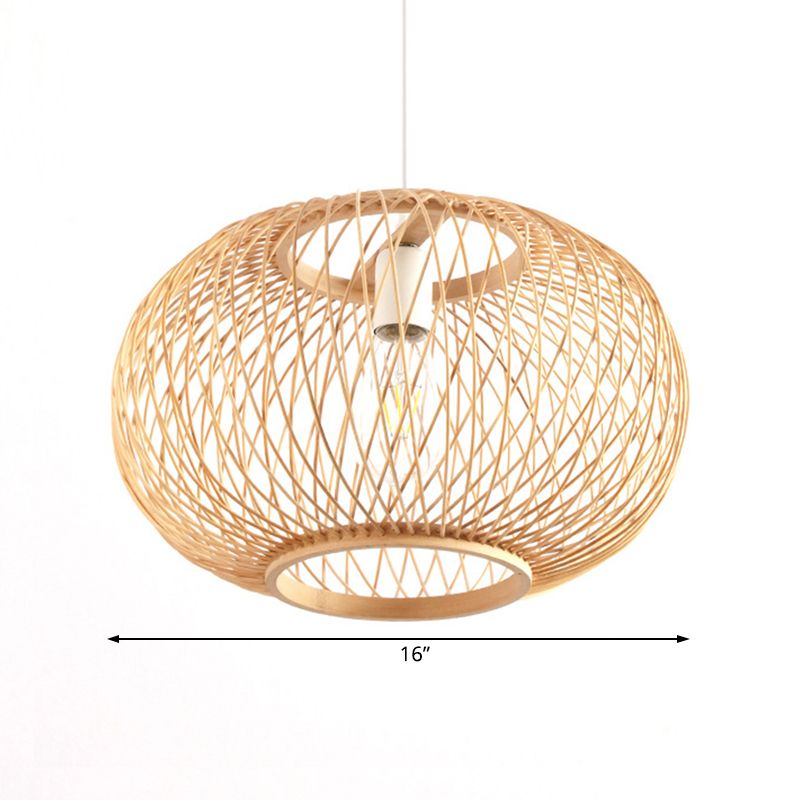 Bamboo Rounded Drum Pendant Lighting Asian Style 1 Bulb Hanging Lamp for Living Room, 16"/19.5" Wide