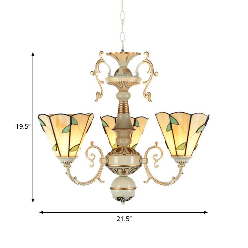 Beige Glassblatt Pendelleuchte traditionelle 3 Lichter Foyer Kronleuchterleuchte mit verstellbarer Kette