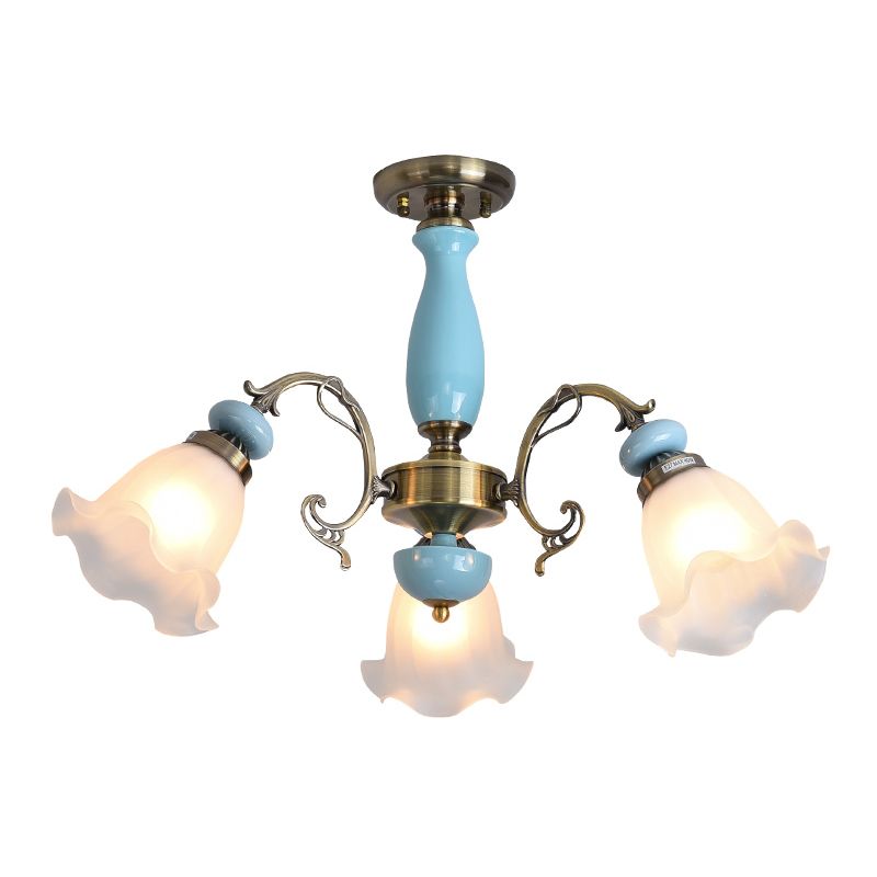 Rustic Floral Shade Semi Flush Light Ruffle Glass Flush Mount Ceiling Chandelier for Dining Room