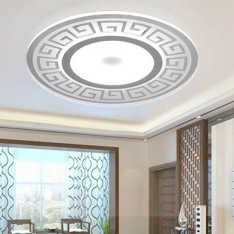 Luz empotrada LED de forma redondeada acrílica, luz de techo blanca artística, montaje empotrado con decoración de llave griega para dormitorio