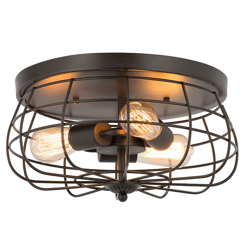 Cage Drum Flush Mount Lighting Retro Simple Industrial Style Metal Ceiling Light Fixture for Hallway