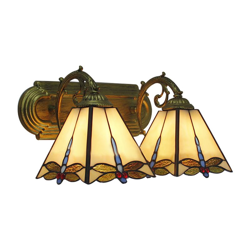 Lodge Wall Sconce Light with Dragonfly Pattern 2 Heads Stained Glass Wall Mount Light in Black/Bronze