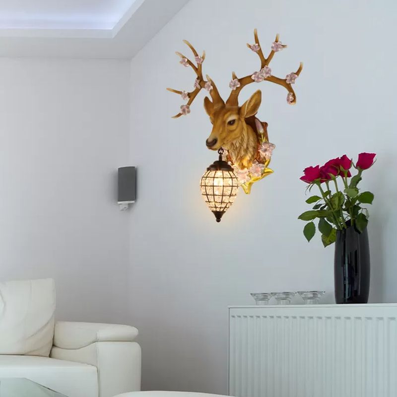 1 Light Resin Wall Lighting Country White/Yellow/Brown Deer Living Room Sconce Light Fixture with Teardrop Crystal Shade