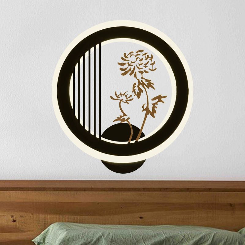 Chrysanths/Orchid Flower LED Mural Light Chinese Acrylic Living Room Hoop Wall Lighting Fixture in Black