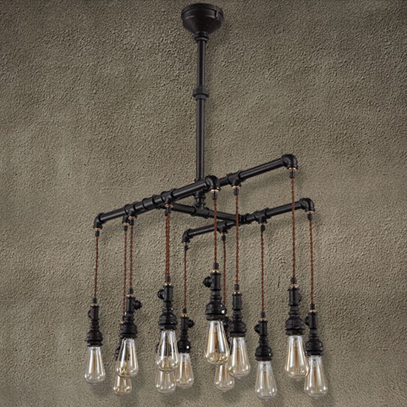Industrial Plumbing Pipe LED Hanging Lamp Iron Island Chandelier Light in Black for Restaurant