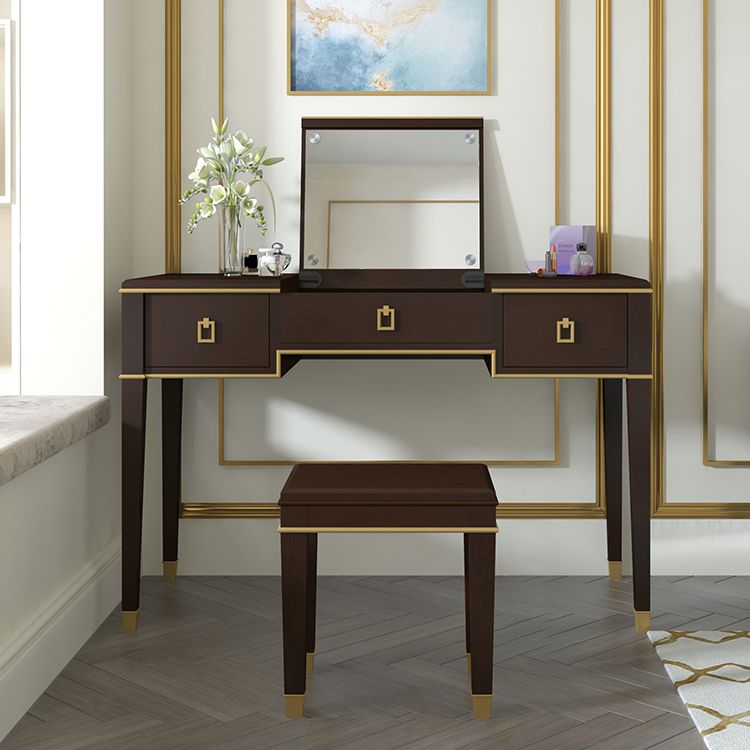 Solid Wood Make-up Vanity Mirrored Vanity Set with Padded Stool