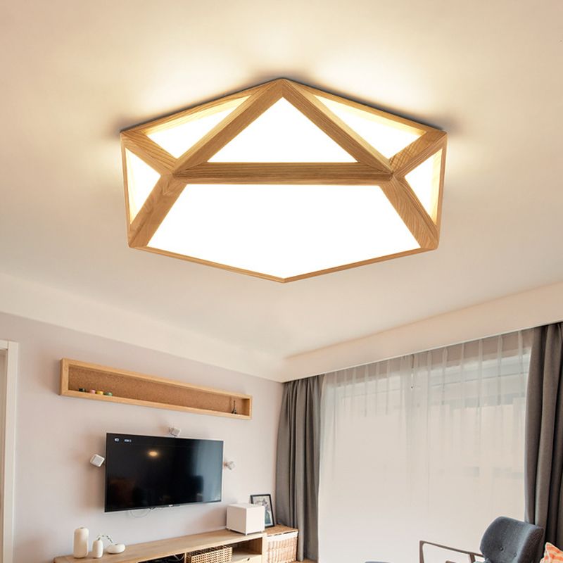 Minimalist Pentagon Flushmount Lighting Wooden LED Bedroom Flush Ceiling Light Fixture in Wood