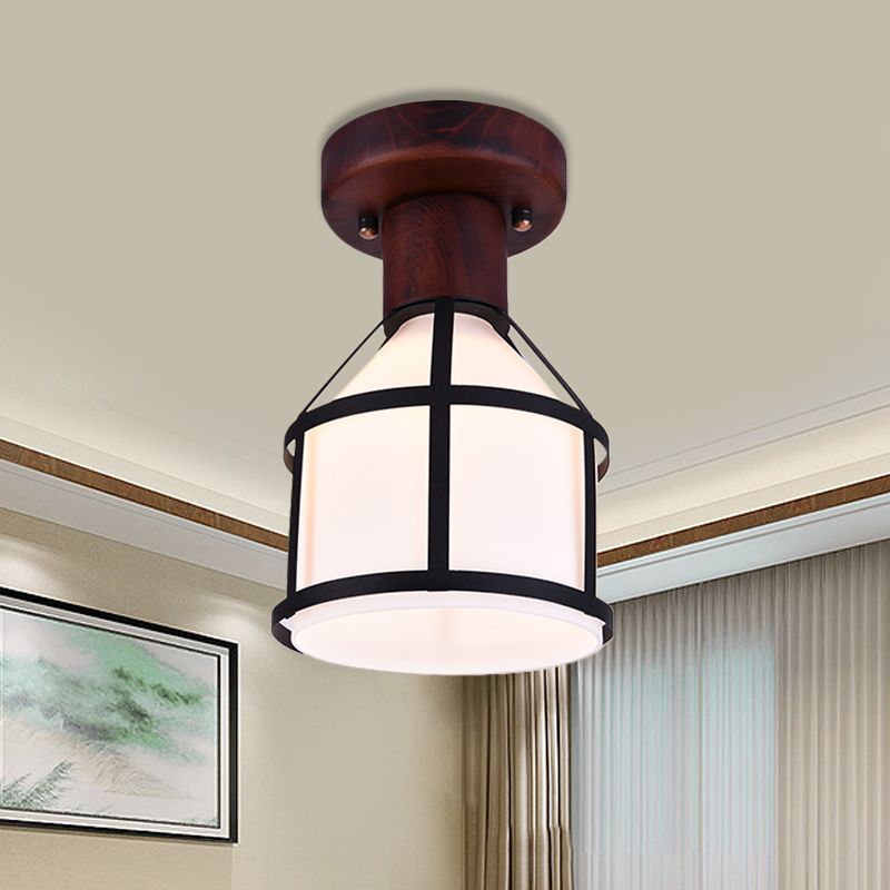 Brown 1 Light Flush Mount Lamp Country Opal Glass Domed Ceiling Light Fixture with Cage