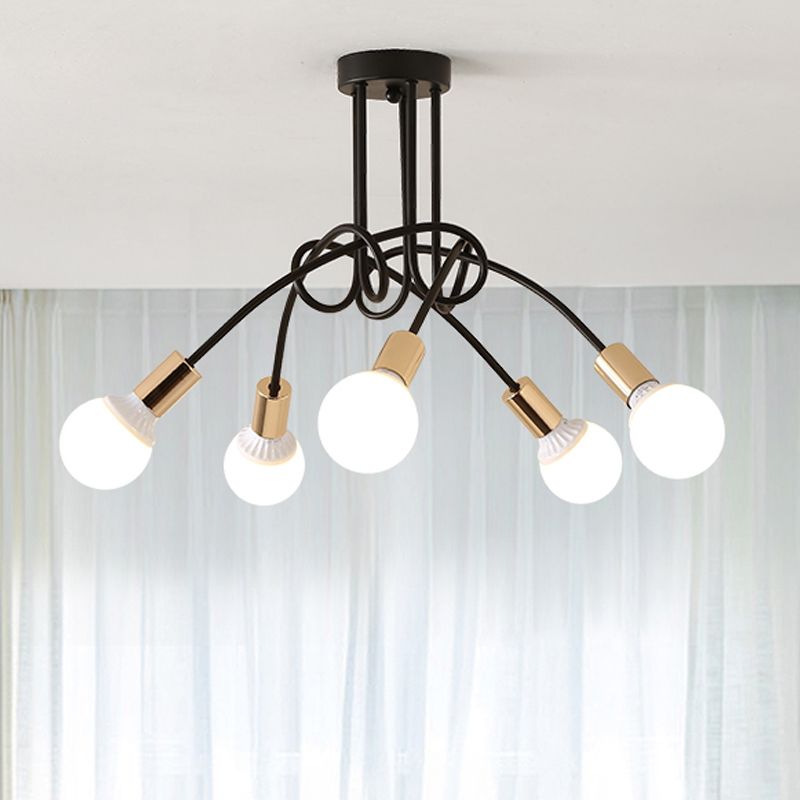 Iluminación de montaje semiempotrado trenzado negro/dorado con bombilla abierta, lámpara de techo de cocina de metal industrial de 3/5/6 luces
