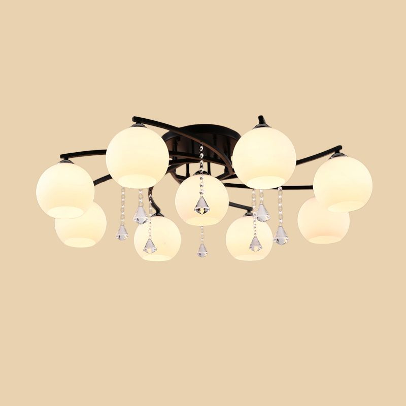 Leche de vidrio de vidrio semi-ras de luz moderna 3/7/9 cabezas de techo de la sala de techo de la habitación Chandelier en negro