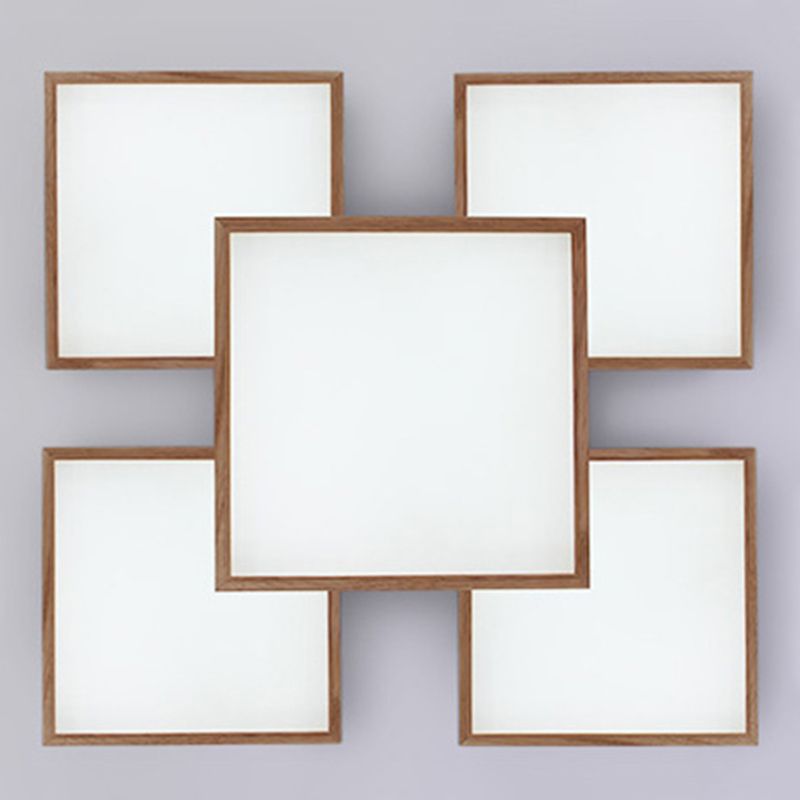 Spleißen von Quadraten in der Nähe der Deckenleuchte. Einfache LED-Schlafzimmer-Deckenleuchte aus Holz aus Holz