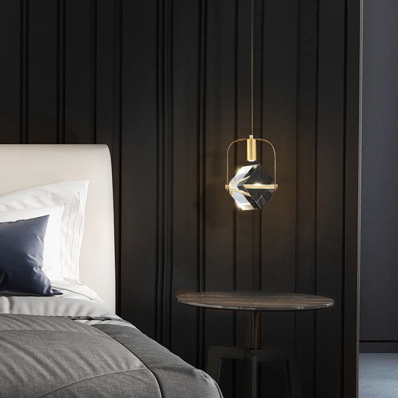 Crystal Block Mini Pendant Lighting Simplicity Brass LED Hanging Light for Bedroom