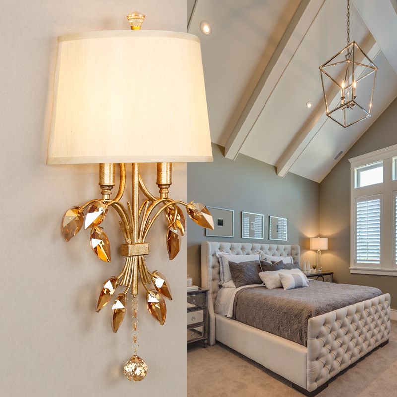 Metal Brass Sconce Lamp Branch 1-Light Vintage Wall Mounted Lighting for Bedroom with Trapezoid Fabric Shade