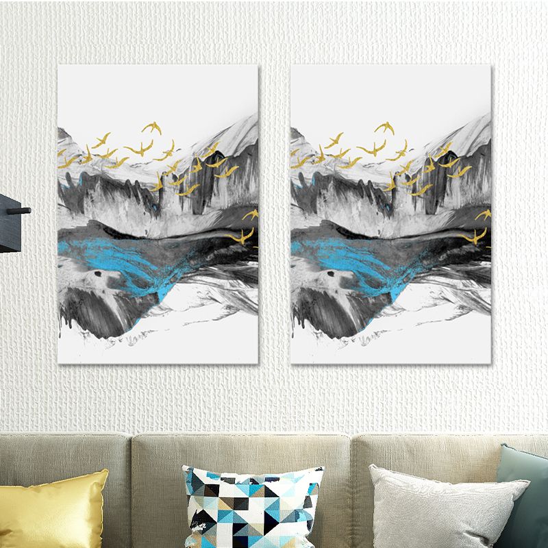 Bird Flying over Mountains Painting Textured Modernism Dining Room Wall Art Decor