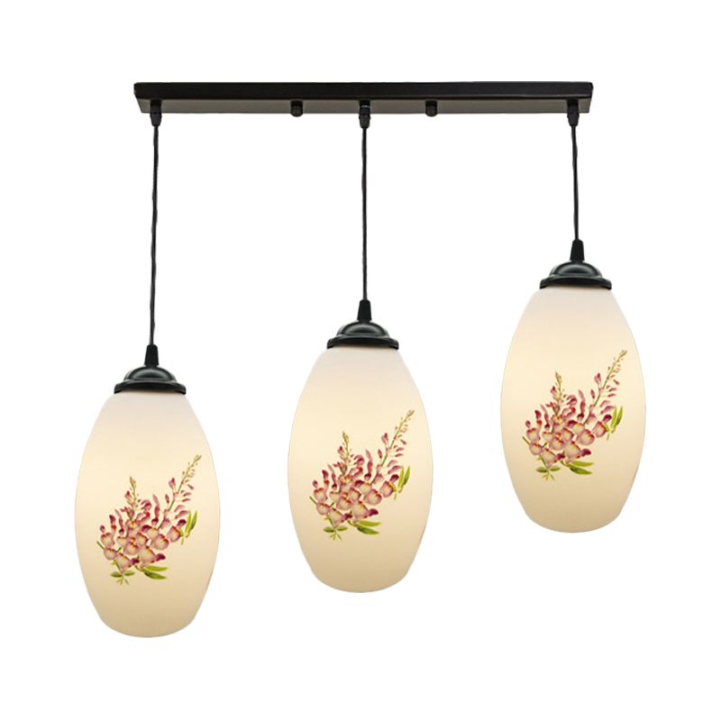 Minimalism Oval Multi Lamp Pendant 3 Heads White Frosted Glass Suspension Light in Black with Linear/Round Canopy