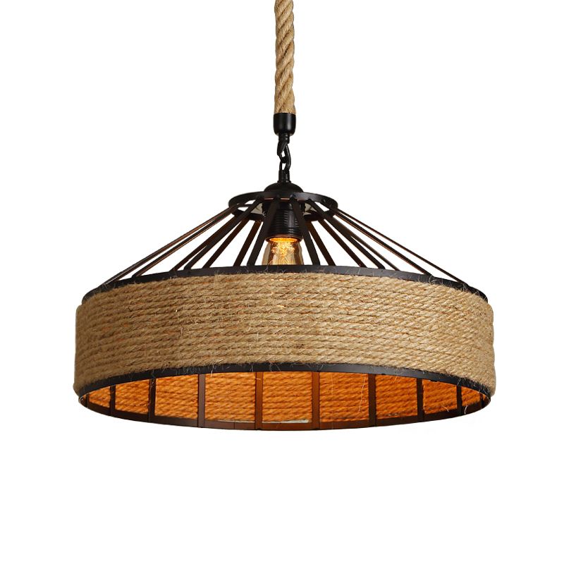 Drum Shade Rope Pendant Ceiling Light Vintage Style 1 Bulb Coffee Shop Hanging Light in Black