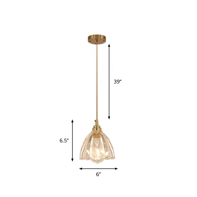 Flower Bud Shade Kitchen Bar Hanging Light Rural Clear Ridged Glass 1 Head Brass Suspension Pendant