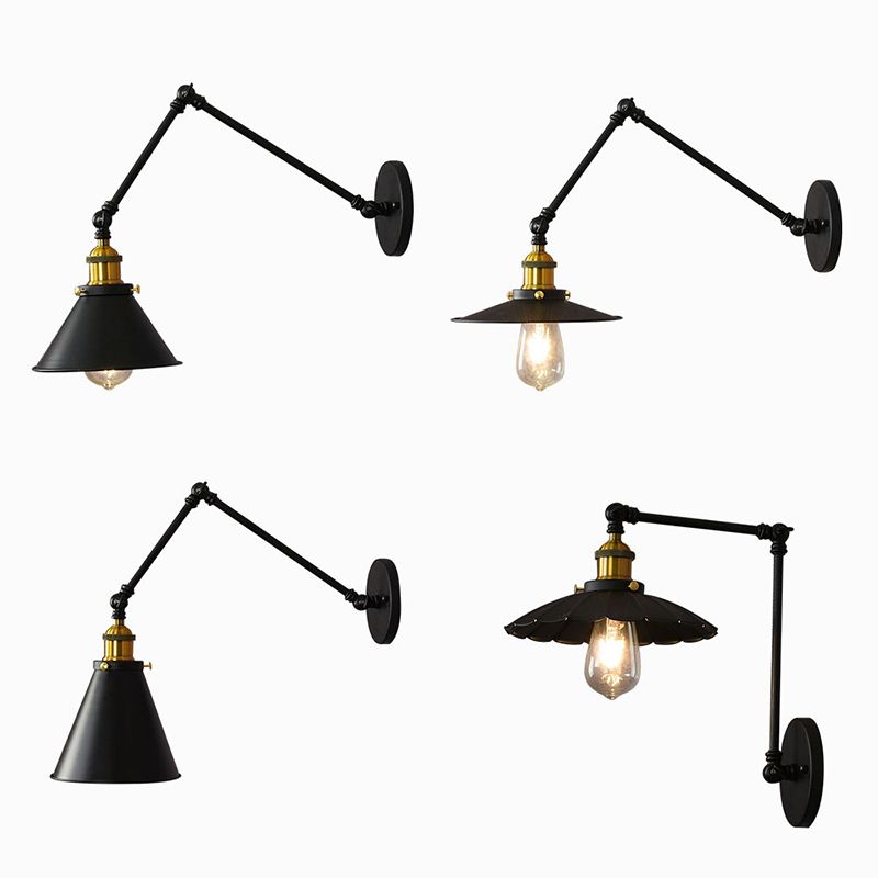 10"+10" 2-Sections Swing Arm Wall Mount Light Single Bulb Retro Industrial Style Coffee Shop Sconce Lights in Matte Black