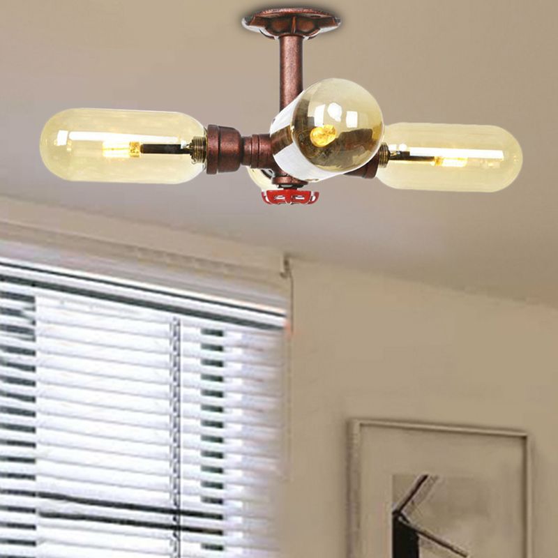 Antique Copper 4/6 Lights Ceiling Mount Rustic Style Amber Glass Sputnik Semi Flush Light