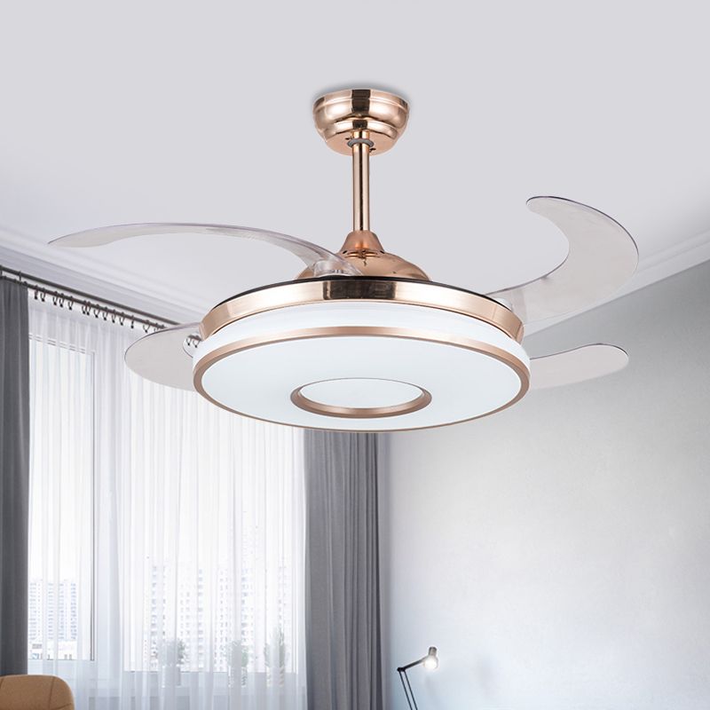 Montaje semi de metal LED de luz de ventilador redondo contemporáneo de 36 "de ancho en plata con 4 cuchillas para dormitorio, control remoto/pared/control remoto y de pared