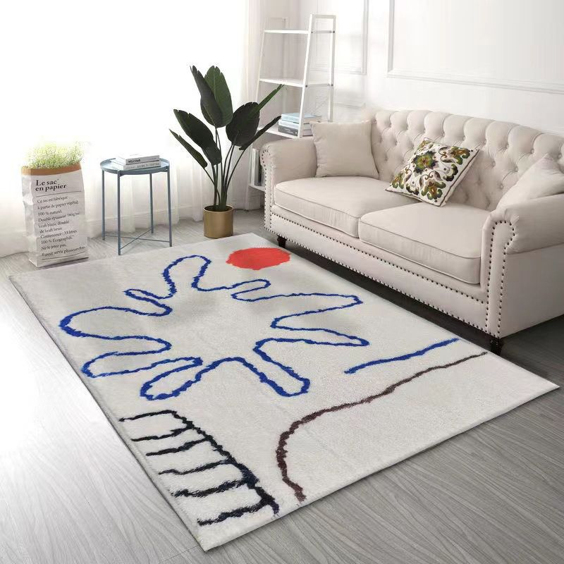 White Modern Rug Polyester Abstract Line Rug Non-Slip Backing Rug for Home Decor