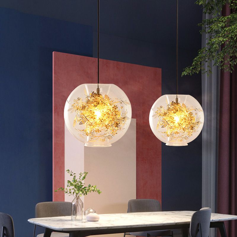 Sphere Pendant Lighting Modern Clear Glass 1 Head Gold Suspension Lamp with Inner Shattered Leaves Detail