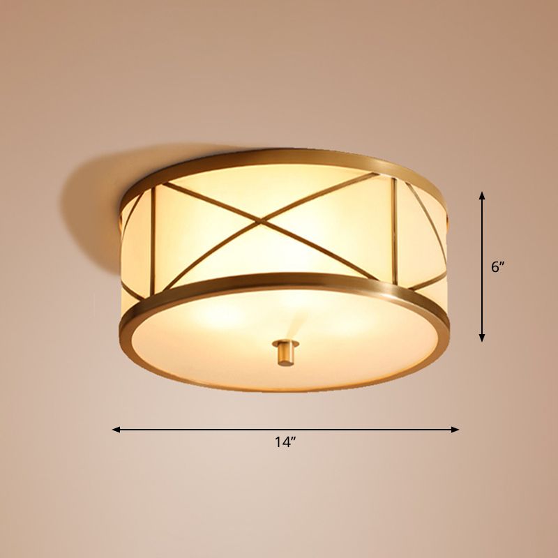 Simplicity Drum Flushmount Lighting Opal Glass Ceiling Mounted Fixture with X Brace in Brass