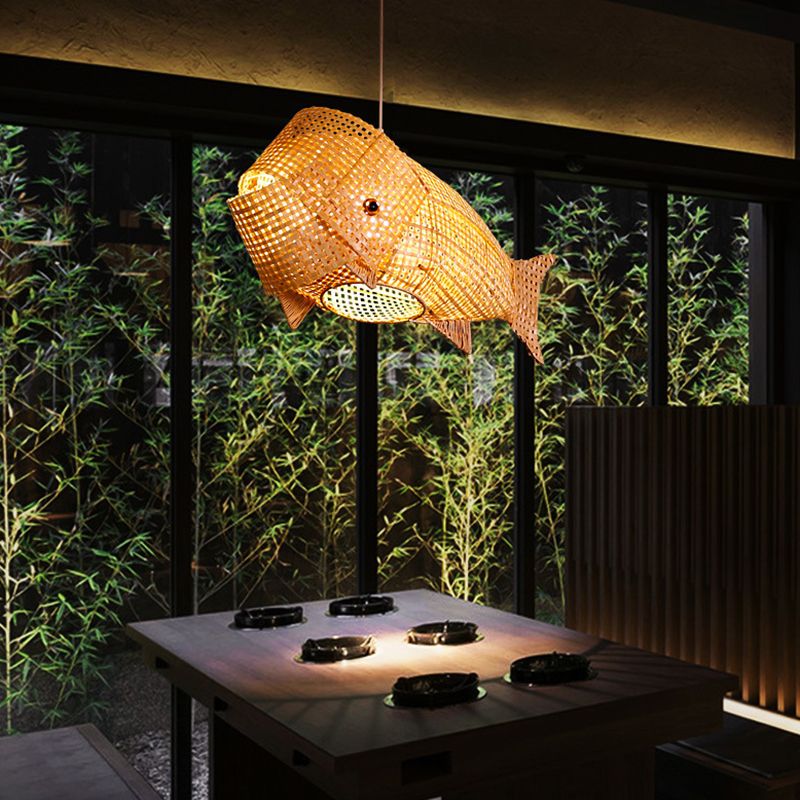27.5" Wide Japanese Style Carp Hanging Light Bamboo Weaving Creative 1-Light Pendant for Restaurant
