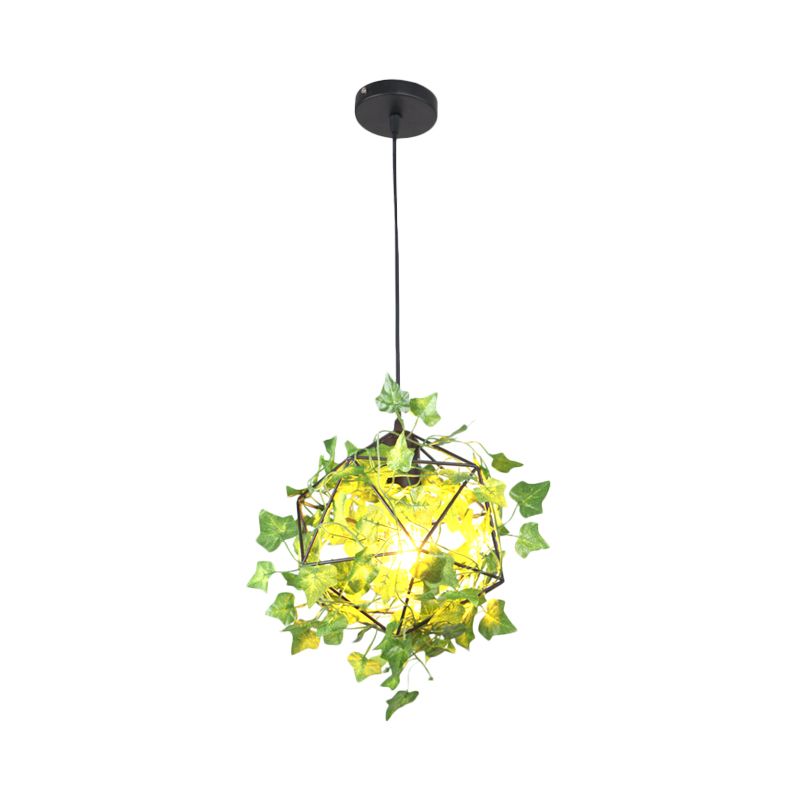 Geometric Restaurant Pendant Ceiling Light Retro Metal 1 Head Black LED Drop Lamp with Plant Decor