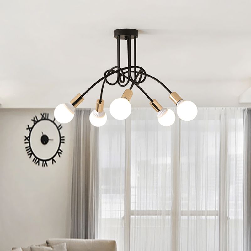 Iluminación de montaje semiempotrado trenzado negro/dorado con bombilla abierta, lámpara de techo de cocina de metal industrial de 3/5/6 luces