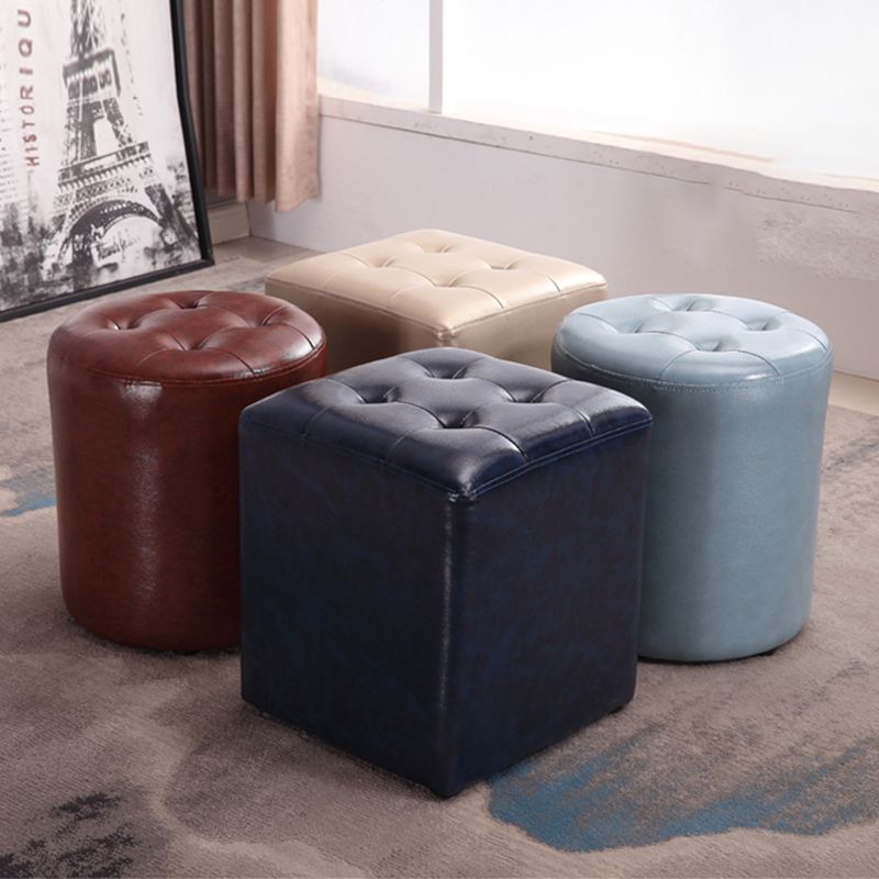 Mid-Century Modern Ottoman Water Resistant Solid Color Tufted Genuine Leather Cube Ottoman