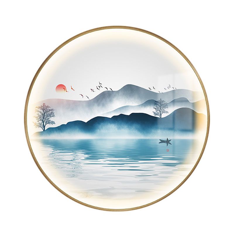 Gold Circular Mountain et Lake Mural Light Chinese LED Metallic Wall Éclairage mural