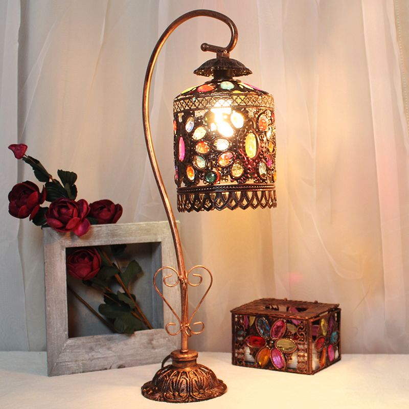 Mesa de cobre de metal Luz Cilíndrica 1 Lámpara de parada de noche bohemia para sala de estar