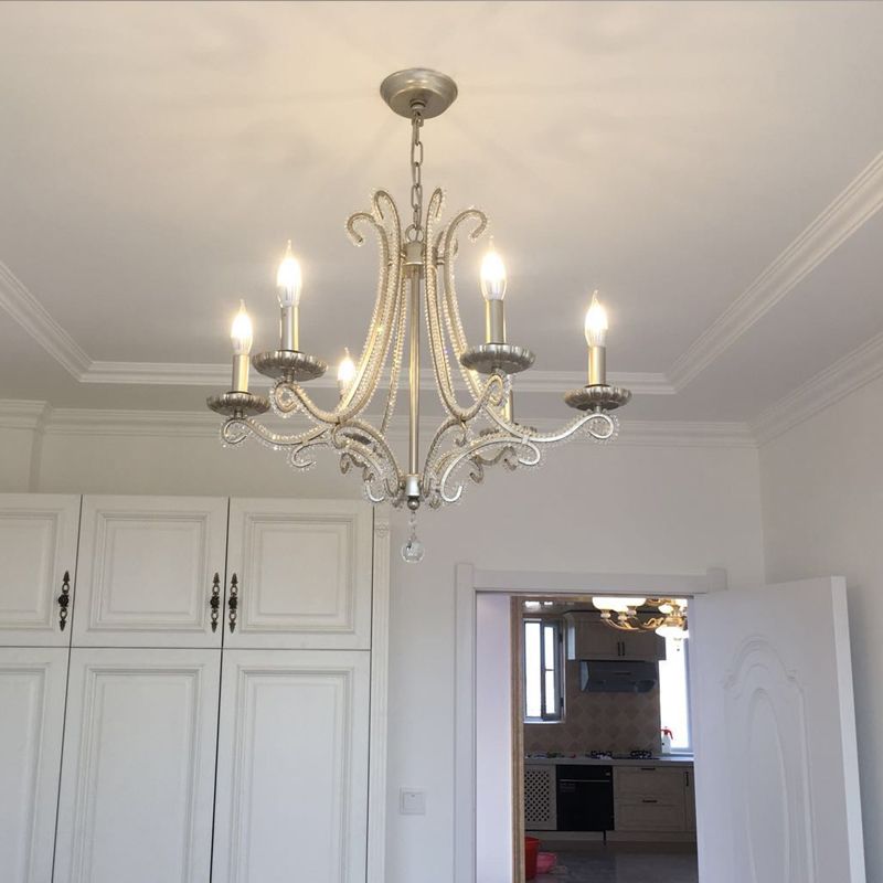 Nickel Finish 6-Bulb Ceiling Pendant Light Traditional Metal Candle Chandelier with Crystal Bead