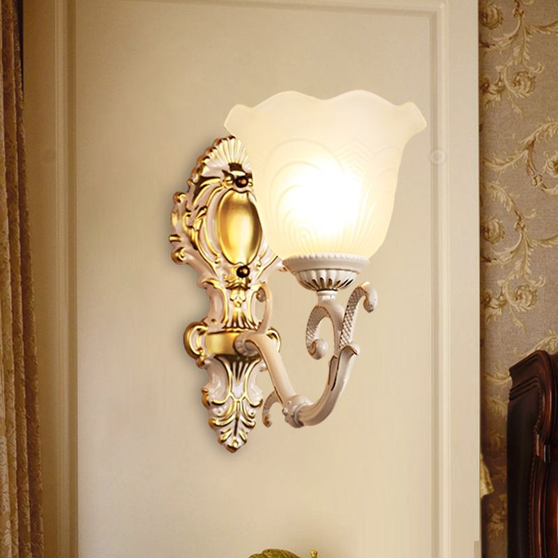 1 Light Bloom Sconce Lamp Vintage Brass/Beige Frosted Ribbed Glass Wall Mounted Lighting with Curvy Arm